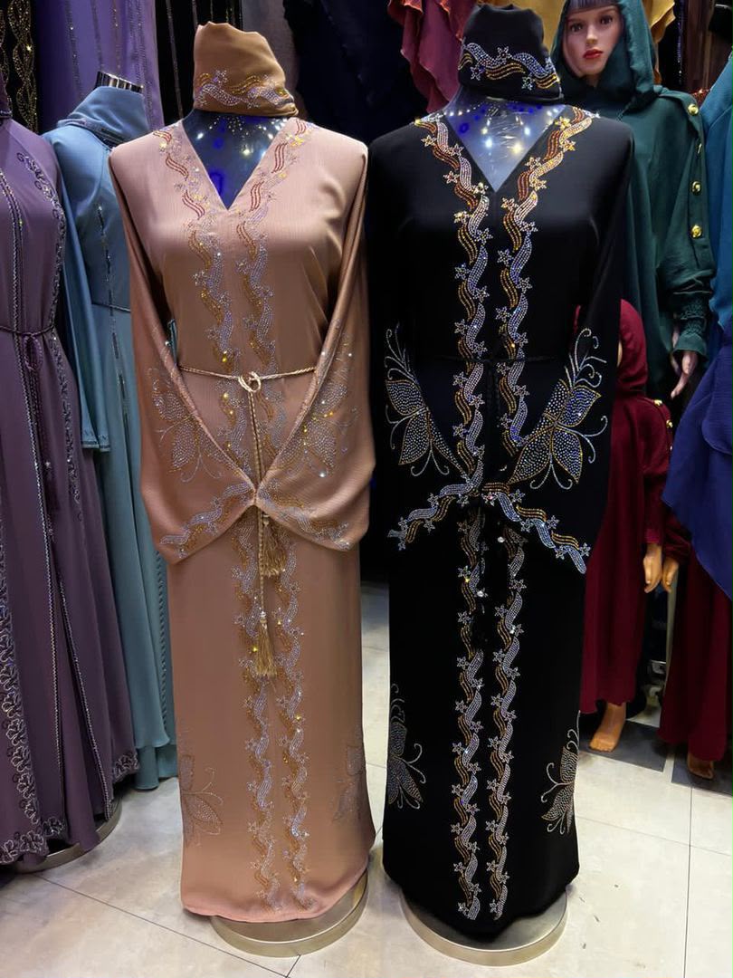 Champagne Belted Abaya — Satin champagne with beaded belt