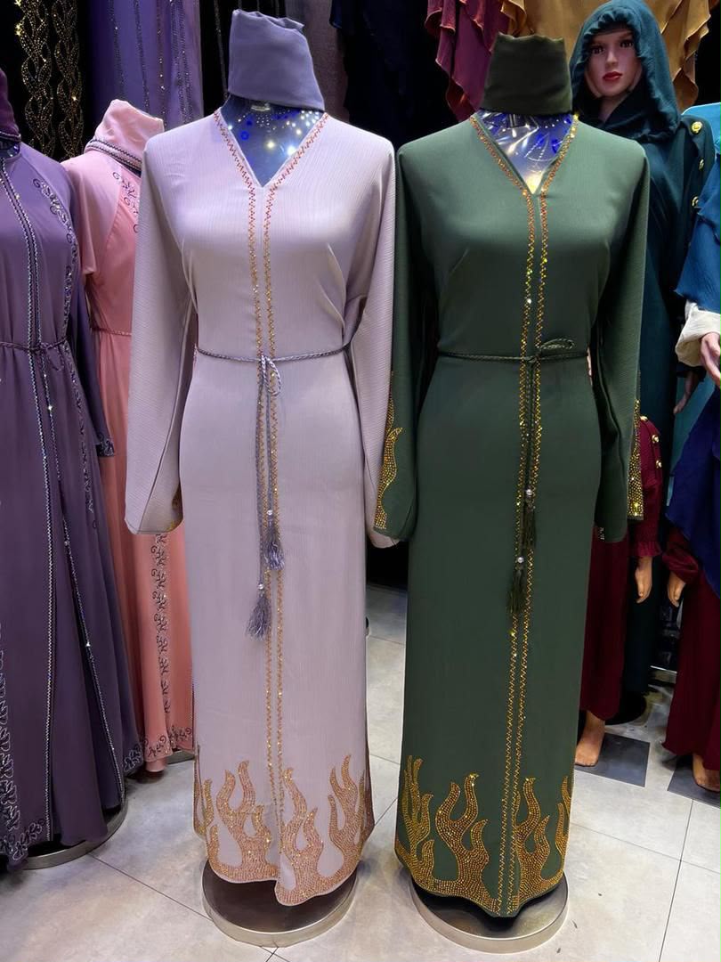 Gilded Hem Abaya — Lilac & sage with gold hem embroidery