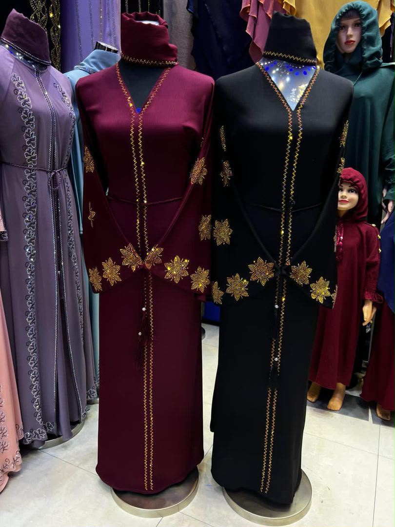 Floral Gold Abaya — Wine & black with gold floral motif