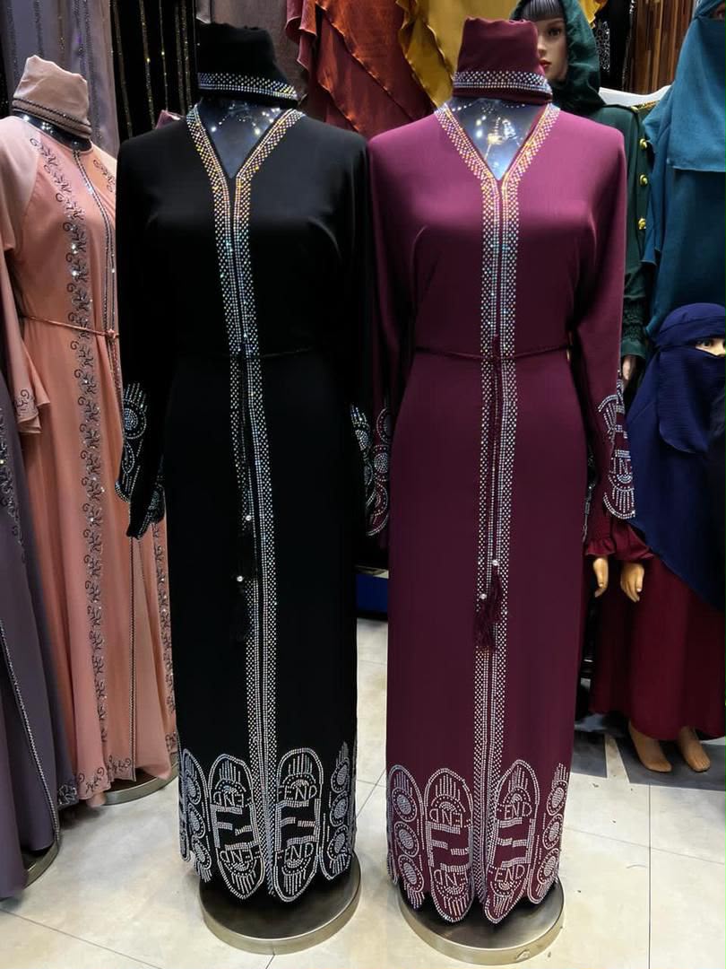 Crystal Panel Abaya — Black & wine crepe, crystal front detail