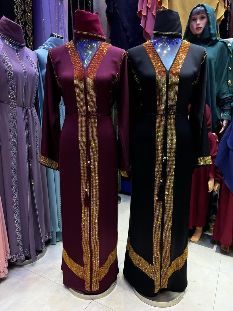 Empress Trim Abaya — Burgundy & black, gold border trim
