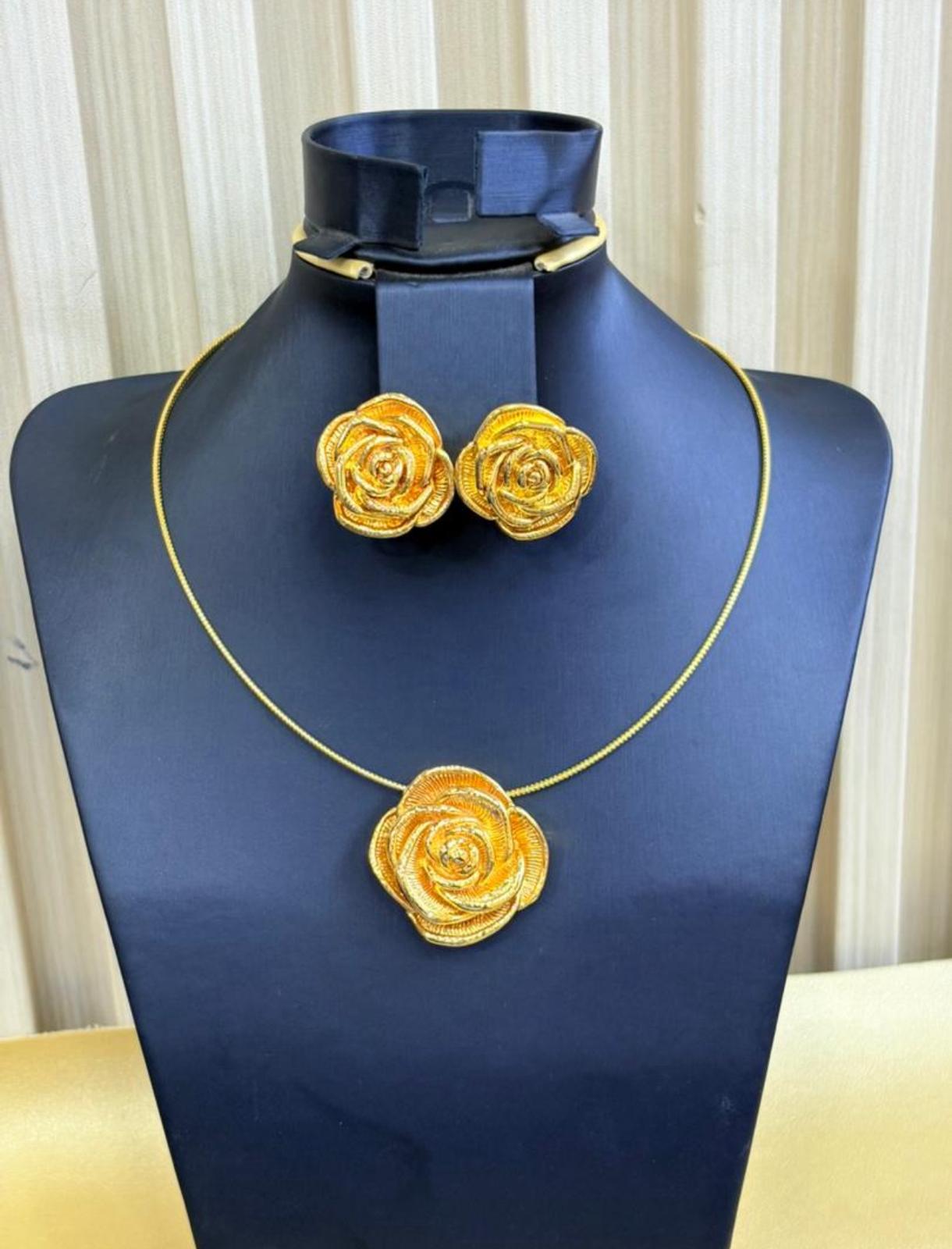 Golden Rose Set — Rose pendant on snake chain with matching studs
