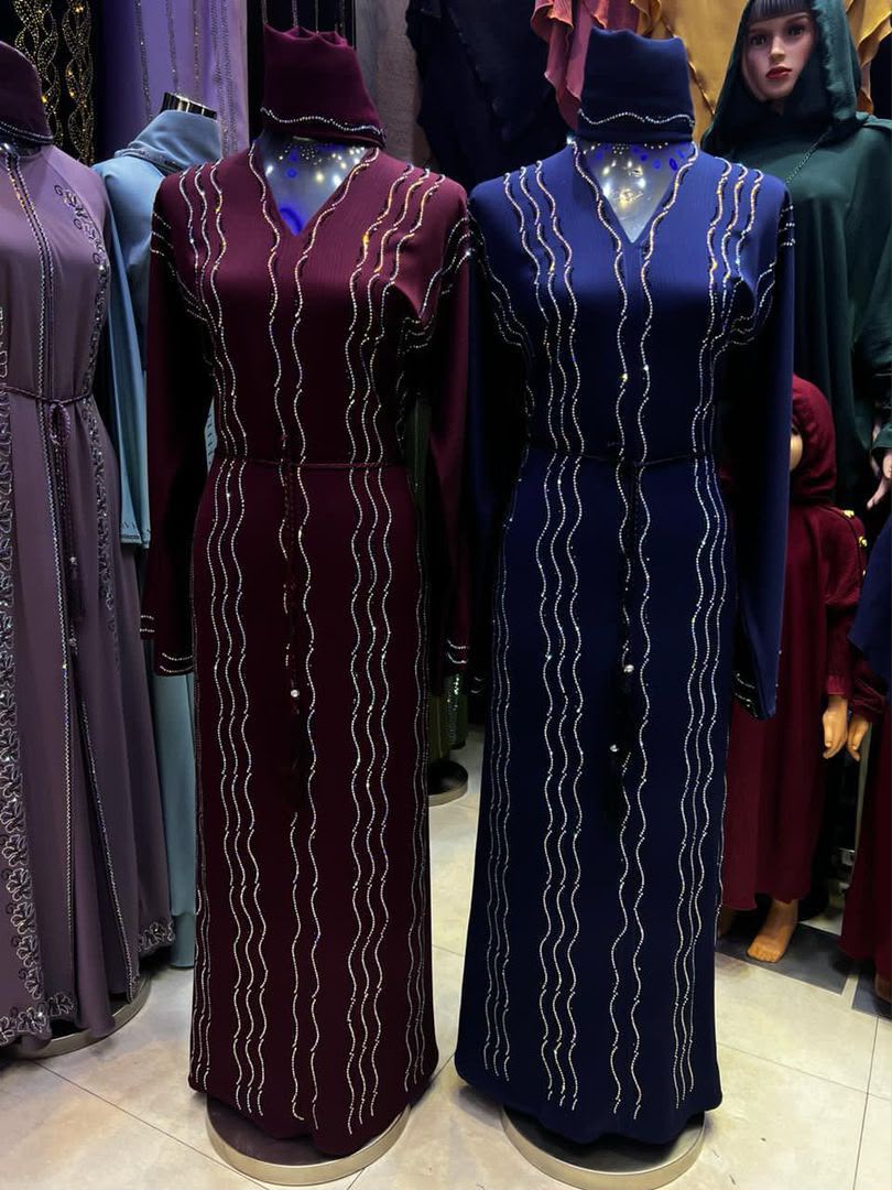 Wave Stone Abaya — Wine crepe, wave crystal line work